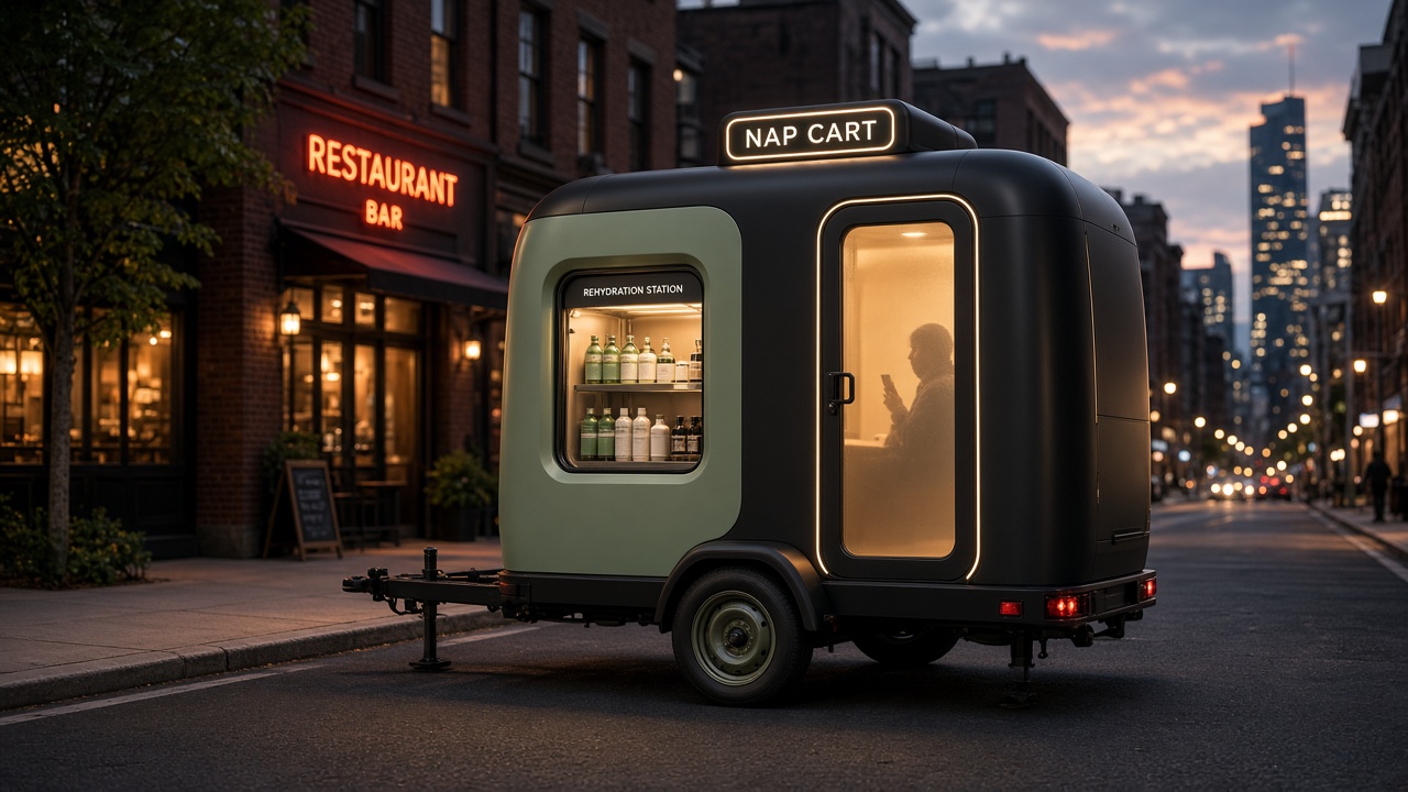 Nap Cart mobile nap pod parked at night with warm amber interior light